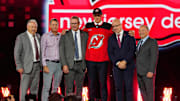 Jun 28, 2024; Las Vegas, Nevada, USA; Anton Silayev is selected by the New Jersey Devils with the 10th overall pick in the first round of the 2024 NHL Draft at The Sphere. Mandatory Credit: Stephen R. Sylvanie-USA TODAY Sports
