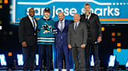 Jun 28, 2024; Las Vegas, Nevada, USA; Macklin Celebrini is selected with the 1st overall pick in the first round of the 2024 NHL Draft by the San Jose Sharks at The Sphere. Mandatory Credit: Stephen R. Sylvanie-Imagn Images