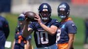 Jun 10, 2025; Denver, CO, USA; Denver Broncos quarterback Bo Nix (10) during minicamp at Broncos Park Powered by CommonSpirit. Mandatory Credit: Ron Chenoy-Imagn Images