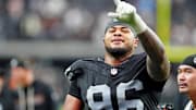 Oct 12, 2025; Paradise, Nevada, USA; Las Vegas Raiders defensive tackle Jonah Laulu (96) reacts after the game against the Tennessee Titans at Allegiant Stadium. Mandatory Credit: Stephen R. Sylvanie-Imagn Images