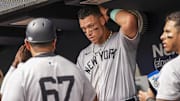 Cumberland, Georgia, USA; New York Yankees right fielder Aaron Judge (99) shown in the dugout during the game against the Atlanta Braves during the eighth inning at Truist Park.