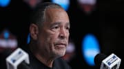 Apr 3, 2025; San Antonio, TX, USA; Houston head coach Kelvin Sampson talks to the media at the Alamodome. Mandatory Credit: Robert Deutsch-Imagn Images