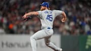 Sep 13, 2025; San Francisco, California, USA; Los Angeles Dodgers pitcher Michael Kopech (45) delivers a pitch against the San Francisco Giants in the eighth inning at Oracle Park. Mandatory Credit: Cary Edmondson-Imagn Images