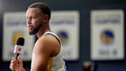 Sep 29, 2025; San Francisco, CA, USA; Golden State Warriors guard Stephen Curry (30) is interviewed during Media Day at the Chase Center. Mandatory Credit: Cary Edmondson-Imagn Images