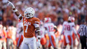 Texas Longhorns defensive back Jahdae Barron (7) celebrates a turnover against Clemson Tigers in the first half of an NCAA College Football Playoffs first round game at Darrell K Royal Texas Memorial Stadium, Austin, Texas, Saturday, Dec. 21, 2024.