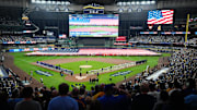 Oct 13, 2025; Milwaukee, Wisconsin, USA; A general view inside the stadium during the national anthem prior to game one of the NLCS round between the Milwaukee Brewers and the Los Angeles Dodgers for the 2025 MLB playoffs at American Family Field. Mandatory Credit: Michael McLoone-Imagn Images
