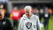 Nov 2, 2025; Paradise, Nevada, USA; Las Vegas Raiders head coach Pete Carroll reacts after the loss against the Jacksonville Jaguars at Allegiant Stadium. Mandatory Credit: Stephen R. Sylvanie-Imagn Images