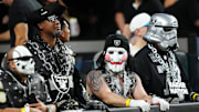 Sep 15, 2025; Paradise, Nevada, USA; Las Vegas Raiders fans look on before the game against the Los Angeles Chargers at Allegiant Stadium. Mandatory Credit: Stephen R. Sylvanie -Imagn Images