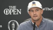 Jul 16, 2024; Ayrshire, SCT; Bryson DeChambeau, the 2024 U.S. Open winner, during press conference at the Open Championship golf tournament at Royal Troon. Mandatory Credit: Jack Gruber-USA TODAY Sports
