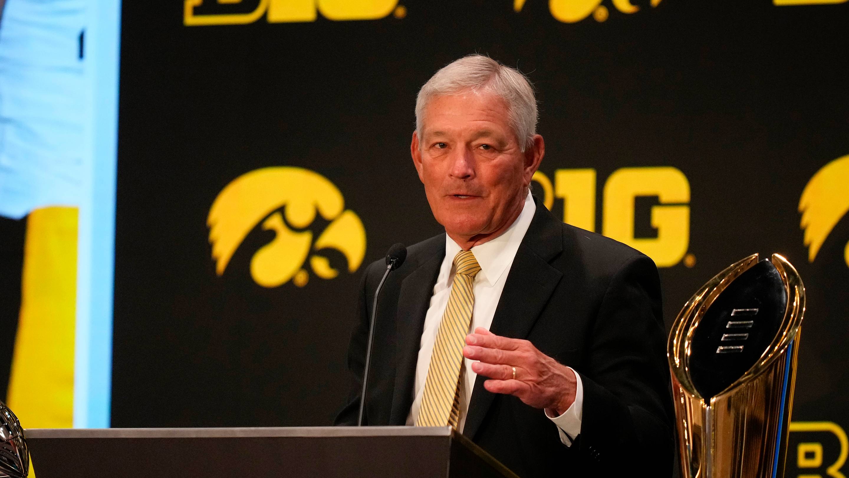 Jul 24, 2025; Las Vegas, NV, USA; Iowa head coach Kirk Ferentz speaks to the media during the Big Ten NCAA college football media days at Mandalay Bay Resort. Mandatory Credit: Lucas Peltier-Imagn Images
