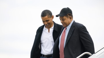 USA - President Obama and Willie Mays walk off Air Force One