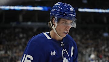 Oct 24, 2024; Toronto, Ontario, CAN; Toronto Maple Leafs forward Mitch Marner (16) during a break in the action against the St. Louis Blues during the third period at Scotiabank Arena. Mandatory Credit: John E. Sokolowski-Imagn Images