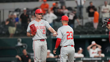 Mar 2, 2025; Arlington, TX, USA; Ohio State plays Oregon State during the Amegy Bank College Baseball Series presented by Kubota Weekend 3 at Globe Life Field. Mandatory Credit: Jim Cowsert-Imagn Images