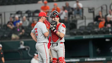 Mar 2, 2025; Arlington, TX, USA; Ohio State plays Oregon State during the Amegy Bank College Baseball Series presented by Kubota Weekend 3 at Globe Life Field. Mandatory Credit: Jim Cowsert-Imagn Images