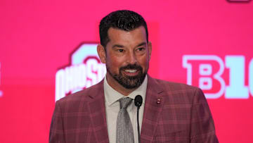 Jul 22, 2025; Las Vegas, NV, USA; Ohio State head coach Ryan Day speaks to the media during the Big Ten NCAA college football media days at Mandalay Bay Resort. Mandatory Credit: Lucas Peltier-Imagn Images