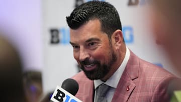 Jul 22, 2025; Las Vegas, NV, USA; Ohio State head coach Ryan Day speaks to the media during the Big Ten NCAA college football media days at Mandalay Bay Resort. Mandatory Credit: Lucas Peltier-Imagn Images