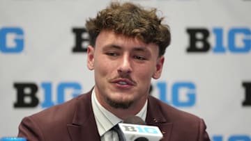 Jul 22, 2025; Las Vegas, NV, USA; Indiana linebacker Aiden Fisher speaks to the media during the Big Ten NCAA college football media days at Mandalay Bay Resort. Mandatory Credit: Lucas Peltier-Imagn Images
