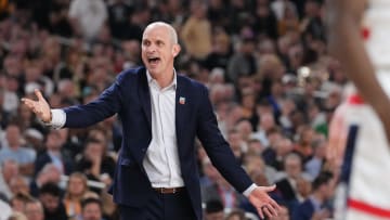Connecticut Huskies head coach Dan Hurley shouts to his team during the Men's NCAA national championship game against the Purdue Boilermakers at State Farm Stadium in Glendale on April 8, 2024.