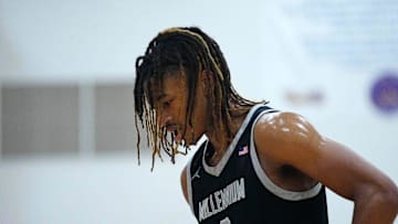 Feb. 2, 2024; Scottsdale, Ariz; USA; Feb. 1, 2024; Millennium forward Cameron Holmes (3) reacts after fouling against Notre Dame Prep during a game at Notre Dame Prep.