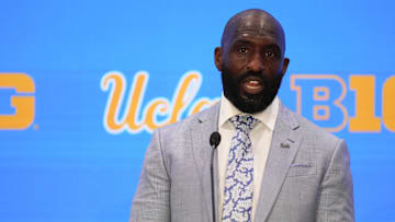 Jul 24, 2025; Las Vegas, NV, USA; UCLA head coach DeShaun Foster speaks to the media during the Big Ten NCAA college football media days at Mandalay Bay Resort. Mandatory Credit: Lucas Peltier-Imagn Images