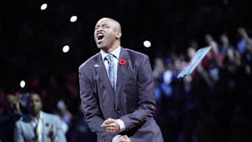 Nov 2, 2024; Toronto, Ontario, CAN; Former Toronto Raptors player Vince Carter reacts during his player number retirement ceremony at halftime of a game against the Sacramento Kings at Scotiabank Arena. Mandatory Credit: John E. Sokolowski-Imagn Images