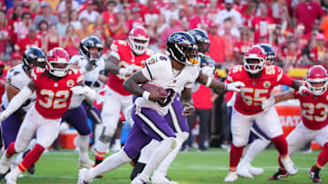 Sep 28, 2025; Kansas City, MO; Baltimore Ravens quarterback Lamar Jackson against the Kansas City Chiefs