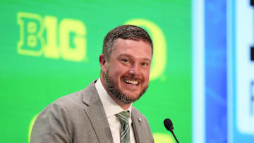 Jul 23, 2025; Las Vegas, NV, USA; Oregon head coach Dan Lanning speaks to the media during the Big Ten NCAA college football media days at Mandalay Bay Resort. Mandatory Credit: Lucas Peltier-Imagn Images