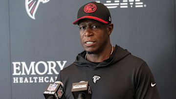 May 10, 2024; Flowery Branch, GA, USA; Atlanta Falcons head coach Raheem Morris is interviewed before the start of Rookie Minicamp at the Falcons Training Camp.   Mandatory Credit: Dale Zanine-Imagn Images