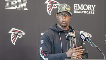 Jun 11, 2025; Atlanta, GA, USA; Atlanta Falcons head coach Raheem Morris answers media questions before practice at Children's Healthcare of Atlanta Training Ground. Mandatory Credit: Dale Zanine-Imagn Images