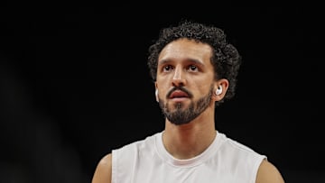 Apr 5, 2025; Atlanta, Georgia, USA; New York Knicks guard Landry Shamet (44) shown warming up on the court prior to the game against the Atlanta Hawks at State Farm Arena. Mandatory Credit: Dale Zanine-Imagn Images