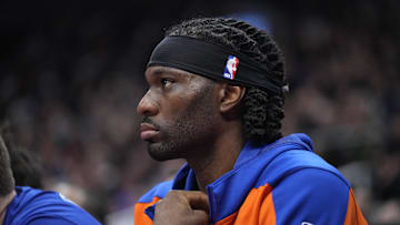 Feb 4, 2025; Toronto, Ontario, CAN; New York Knicks center Precious Achiuwa (5) watches from the bench during the first half against the Toronto Raptors at Scotiabank Arena. Mandatory Credit: John E. Sokolowski-Imagn Images