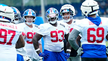 New York Giants defensive tackle Rakeem Nunez-Roches (93) and other members of Big Blue are shown, Sunday, July 27, 2025, in East Rutherford.