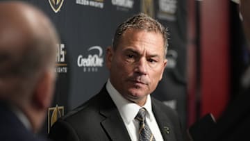 Nov 20, 2024; Toronto, Ontario, CAN; Vegas Golden Knights head coach Bruce Cassidy during a post game media conference after a loss to the Toronto Maple Leafs at Scotiabank Arena. Mandatory Credit: John E. Sokolowski-Imagn Images