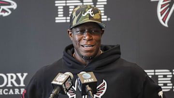 Jul 29, 2025; Atlanta, GA, USA; Atlanta Falcons head coach Raheem Morris meets with the press prior to practice at training camp at IBM Performance Field. Mandatory Credit: Dale Zanine-Imagn Images