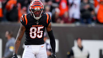 Cincinnati Bengals wide receiver Tee Higgins (85) celebrates a touchdown catch in the second quarter