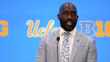 Jul 24, 2025; Las Vegas, NV, USA; UCLA head coach DeShaun Foster speaks to the media during the Big Ten NCAA college football media days at Mandalay Bay Resort.