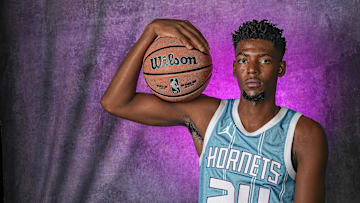 Sep 30, 2024; Charlotte, NC, USA; Charlotte Hornets forward Brandon Miller (24) poses for a photo at Charlotte Hornets Media Day at the Spectrum Center in Charlotte, NC. Mandatory Credit: Jim Dedmon-Imagn Images
