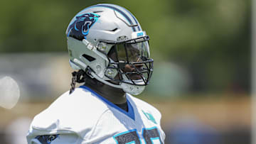 Jun 11, 2025; Charlotte, NC, USA; Carolina Panthers offensive tackle Ikem Ekwonu (79) during minicamp at Bank of America Stadium. Mandatory Credit: Jim Dedmon-Imagn Images