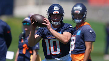 Jun 10, 2025; Denver, CO, USA; Denver Broncos quarterback Bo Nix (10) during minicamp at Broncos Park Powered by CommonSpirit. Mandatory Credit: Ron Chenoy-Imagn Images