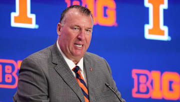 Jul 22, 2025; Las Vegas, NV, USA; Illinois head coach Bret Bielema speaks to the media during the Big Ten NCAA college football media days at Mandalay Bay Resort. Mandatory Credit: Lucas Peltier-Imagn Images