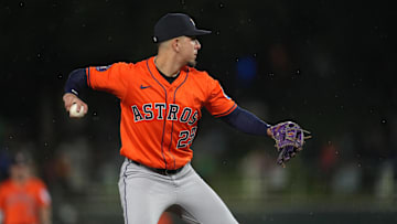 Sep 24, 2025; West Sacramento, California, USA; Houston Astros third baseman Ramon Urias (29) throws the ball to first to record an out against the Athletics in the seventh inning at Sutter Health Park. 
