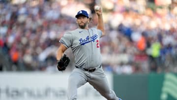 Sep 13, 2025; San Francisco, California, USA; Los Angeles Dodgers pitcher Clayton Kershaw (22) delivers a pitch against the San Francisco Giants in the first inning at Oracle Park. Mandatory Credit: Cary Edmondson-Imagn Images