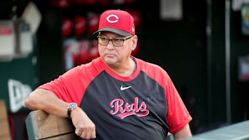 Sep 12, 2025; West Sacramento, California, USA; Cincinnati Reds manager Terry Francona (77) sits in the dugout before the start of the game against the Athletics at Sutter Health Park. Mandatory Credit: Cary Edmondson-Imagn Images