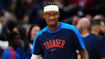 Oct 24, 2024; Denver, Colorado, USA; Oklahoma City Thunder guard Shai Gilgeous-Alexander (2) before the game against the Denver Nuggets at Ball Arena. Mandatory Credit: Ron Chenoy-Imagn Images