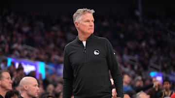 Jan 29, 2025; San Francisco, California, USA; Golden State Warriors head coach Steve Kerr look on in the second quarter against the Oklahoma City Thunder at the Chase Center. Mandatory Credit: Cary Edmondson-Imagn Images