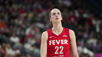 Jun 22, 2025; Las Vegas, Nevada, USA;  Indiana Fever guard Caitlin Clark (22) during the during the first half  of a WNBA basketball game against the Las Vegas Aces at T-Mobile Arena. Mandatory Credit: Lucas Peltier-Imagn Images