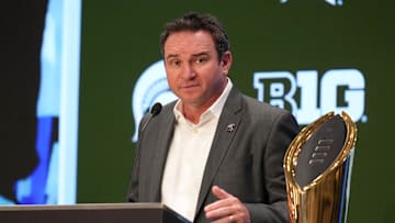 Jul 24, 2025; Las Vegas, NV, USA; Michigan State head coach Jonathan Smith speaks to the media during the Big Ten NCAA college football media days at Mandalay Bay Resort. 
