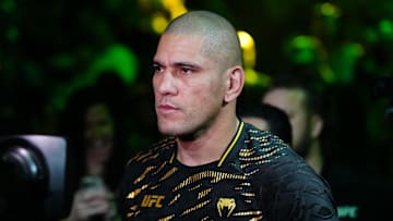 Mar 8, 2025; Las Vegas, Nevada, USA; Alex Pereira (red gloves) prepares to fight Magomed Ankalaev (not pictured) during UFC 313 at T-Mobile Arena. Mandatory Credit: Stephen R. Sylvanie-Imagn Images