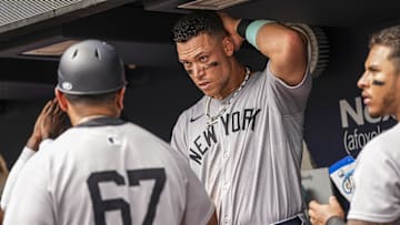 New York Yankees right fielder Aaron Judge shown in the dugout during an MLB game against the Atlanta Braves