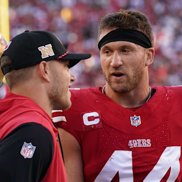 Sep 9, 2024; Santa Clara, California, USA; San Francisco 49ers fullback Kyle Juszczyk (44) talks with running back Christian McCaffrey (23) on the sideline during the second quarter against the New York Jets at Levi's Stadium. Mandatory Credit: David Gonzales-Imagn Images